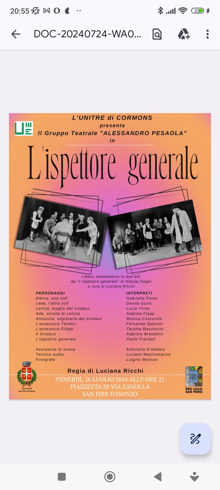 Teatro: “L’ispettore generale” – venerdì 26/07 ore 21:00
